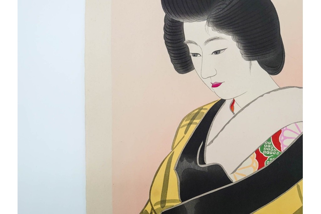 真作　昭和32年12月作　神保朋世　「夜情」　着物姿の女性を描いた木版画　(R-090664)