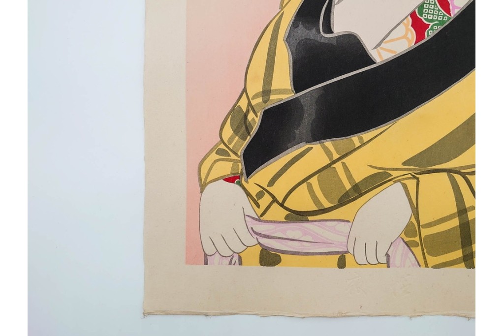 真作　昭和32年12月作　神保朋世　「夜情」　着物姿の女性を描いた木版画　(R-090664)