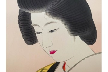 真作　昭和32年12月作　神保朋世　「夜情」　着物姿の女性を描いた木版画　(R-090664)