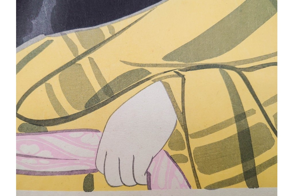 真作　昭和32年12月作　神保朋世　「夜情」　着物姿の女性を描いた木版画　(R-090664)