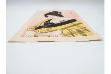 真作　昭和32年12月作　神保朋世　「夜情」　着物姿の女性を描いた木版画　(R-090664)