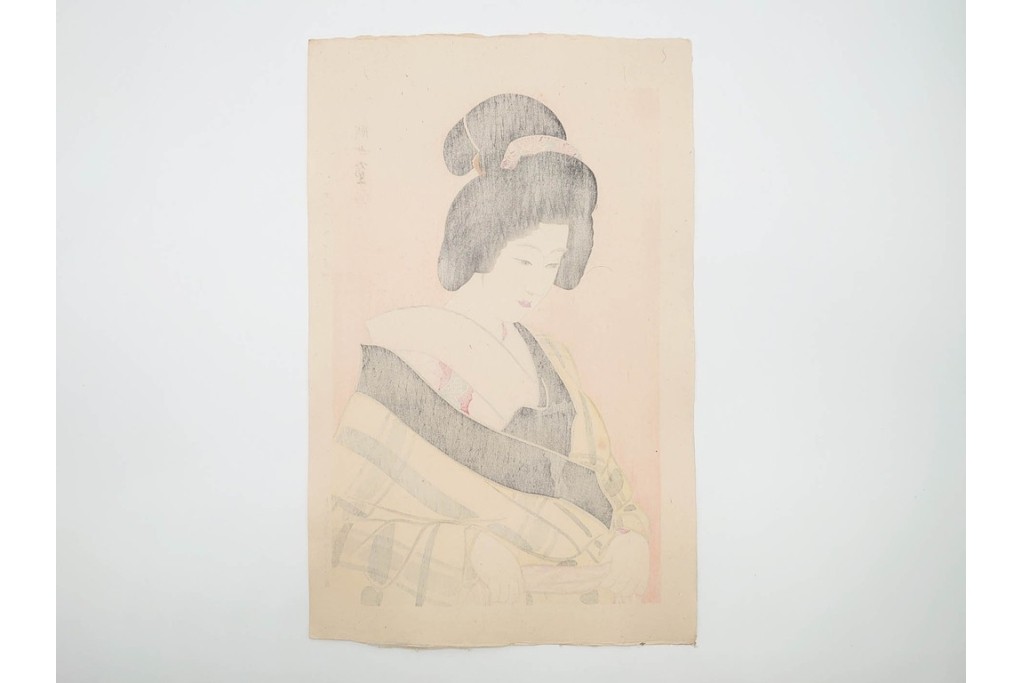 真作　昭和32年12月作　神保朋世　「夜情」　着物姿の女性を描いた木版画　(R-090664)
