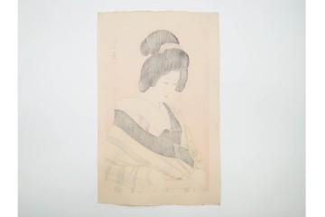真作　昭和32年12月作　神保朋世　「夜情」　着物姿の女性を描いた木版画　(R-090664)