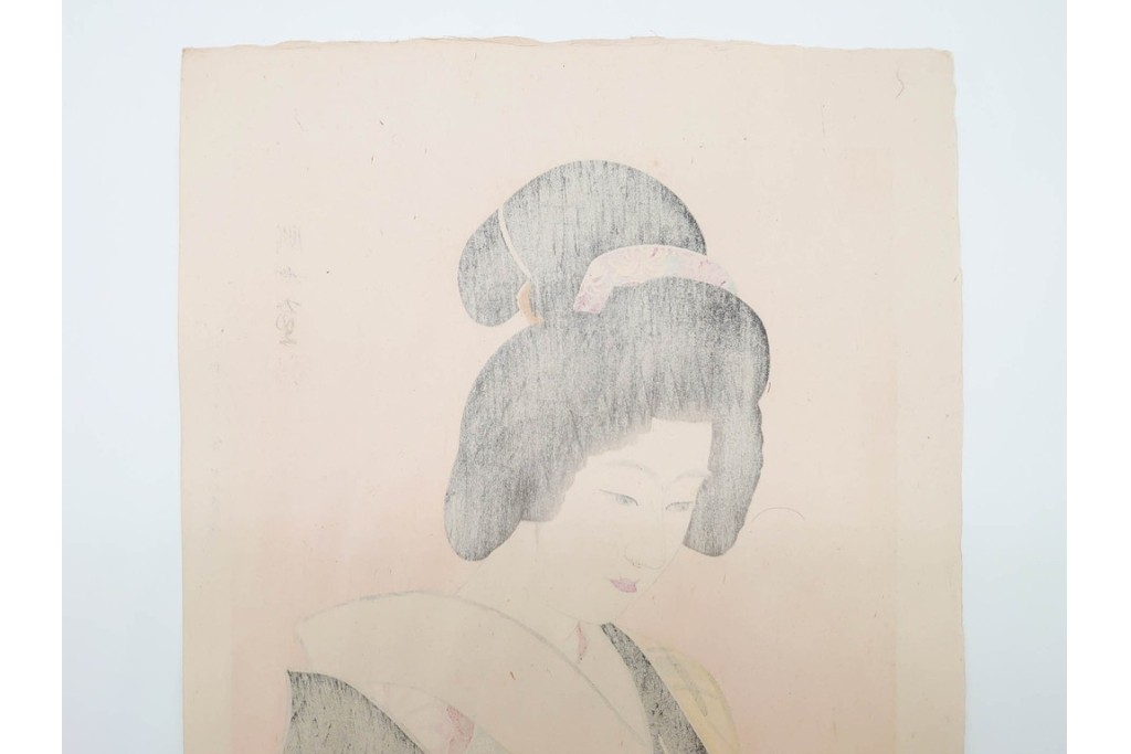 真作　昭和32年12月作　神保朋世　「夜情」　着物姿の女性を描いた木版画　(R-090664)