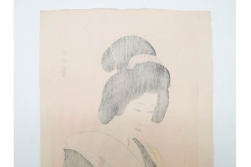 真作　昭和32年12月作　神保朋世　「夜情」　着物姿の女性を描いた木版画　(R-090664)