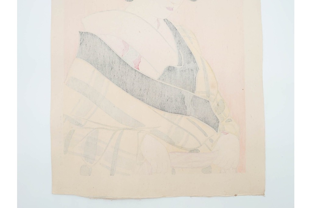 真作　昭和32年12月作　神保朋世　「夜情」　着物姿の女性を描いた木版画　(R-090664)