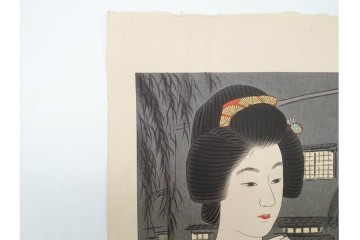 真作　昭和37年9月作　神保朋世　「宵の灯」　宵の街を歩く女性を描いた木版画　(R-090665)