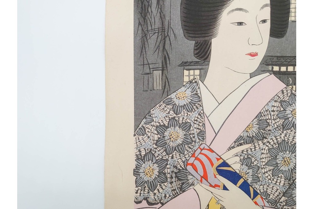 真作　昭和37年9月作　神保朋世　「宵の灯」　宵の街を歩く女性を描いた木版画　(R-090665)