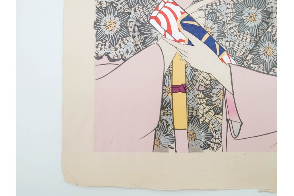 真作　昭和37年9月作　神保朋世　「宵の灯」　宵の街を歩く女性を描いた木版画　(R-090665)