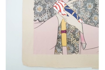 真作　昭和37年9月作　神保朋世　「宵の灯」　宵の街を歩く女性を描いた木版画　(R-090665)