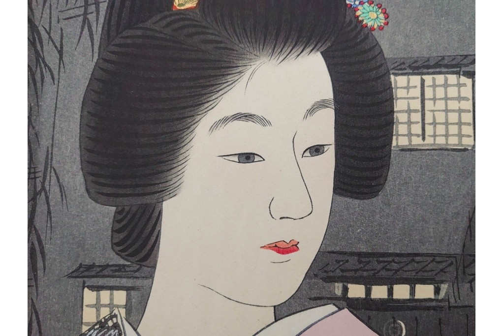 真作　昭和37年9月作　神保朋世　「宵の灯」　宵の街を歩く女性を描いた木版画　(R-090665)