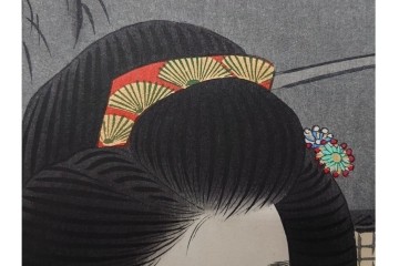 真作　昭和37年9月作　神保朋世　「宵の灯」　宵の街を歩く女性を描いた木版画　(R-090665)