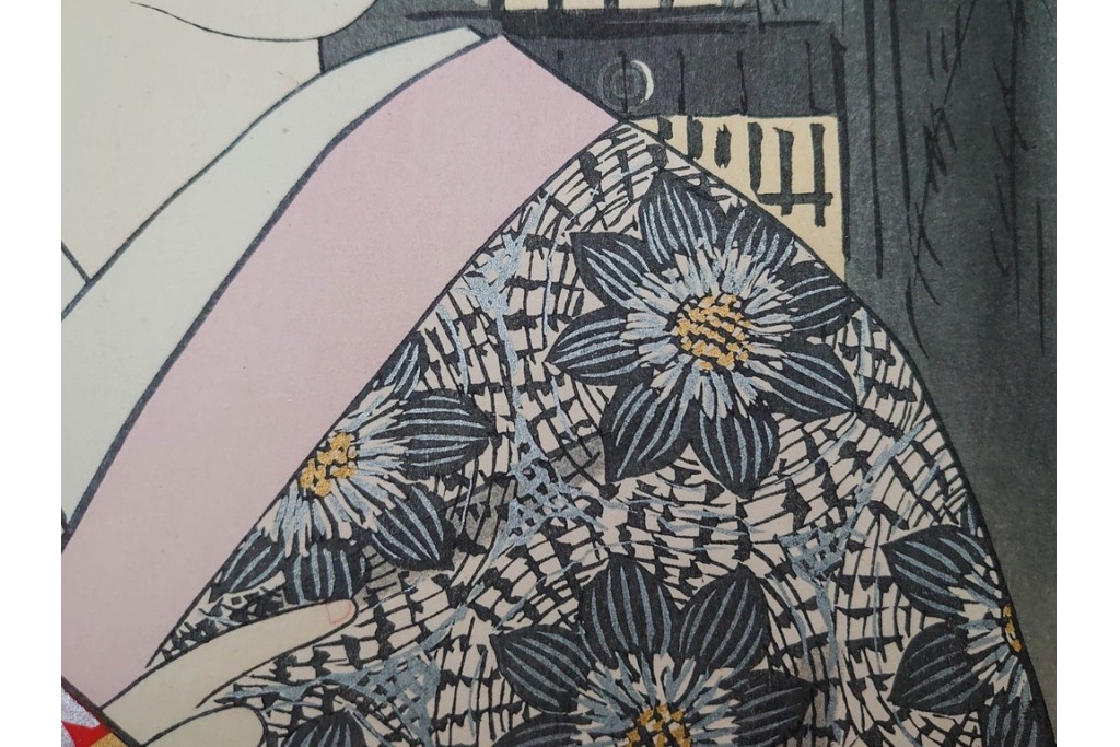真作　昭和37年9月作　神保朋世　「宵の灯」　宵の街を歩く女性を描いた木版画　(R-090665)