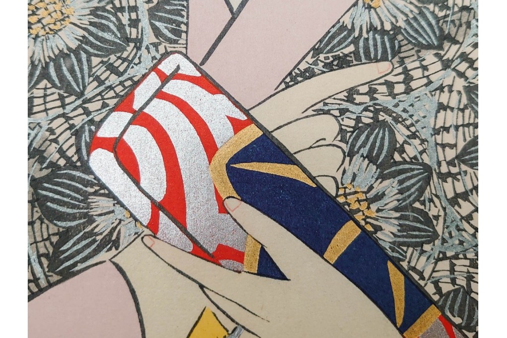 真作　昭和37年9月作　神保朋世　「宵の灯」　宵の街を歩く女性を描いた木版画　(R-090665)