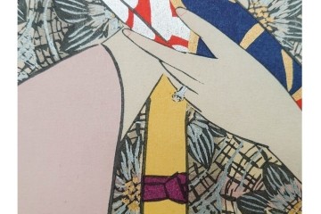 真作　昭和37年9月作　神保朋世　「宵の灯」　宵の街を歩く女性を描いた木版画　(R-090665)