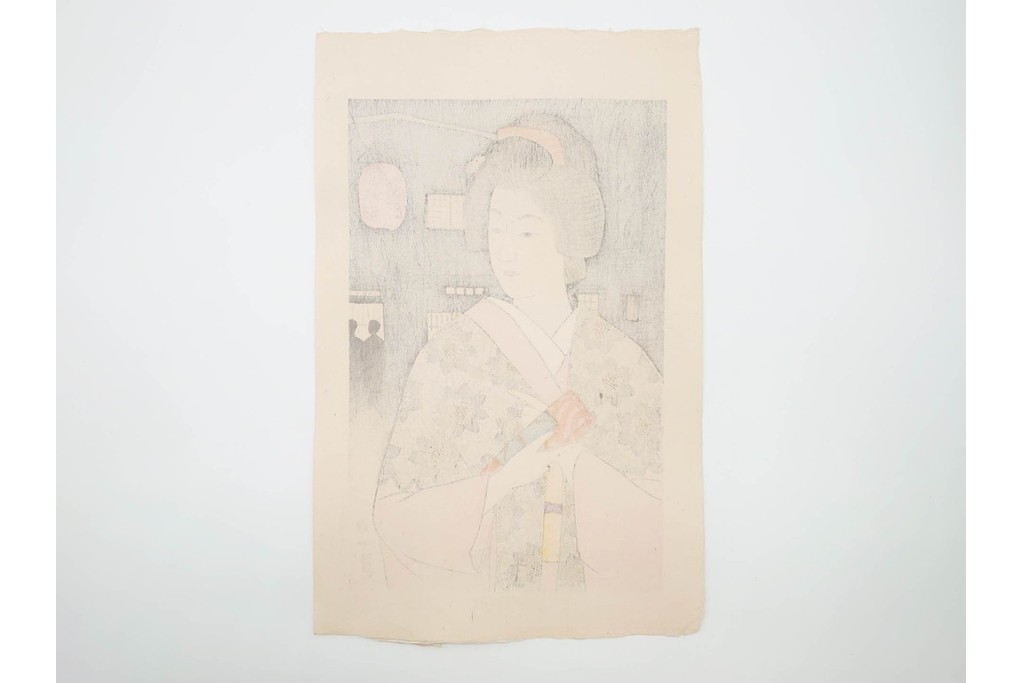 真作　昭和37年9月作　神保朋世　「宵の灯」　宵の街を歩く女性を描いた木版画　(R-090665)