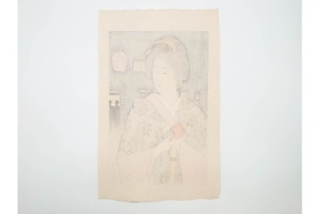 真作　昭和37年9月作　神保朋世　「宵の灯」　宵の街を歩く女性を描いた木版画　(R-090665)