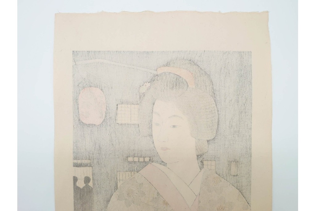 真作　昭和37年9月作　神保朋世　「宵の灯」　宵の街を歩く女性を描いた木版画　(R-090665)
