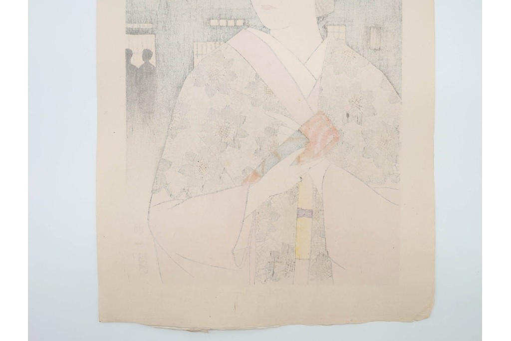 真作　昭和37年9月作　神保朋世　「宵の灯」　宵の街を歩く女性を描いた木版画　(R-090665)