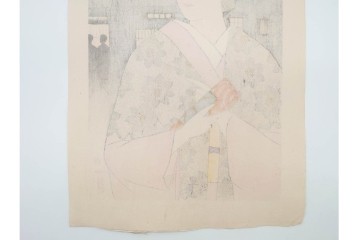 真作　昭和37年9月作　神保朋世　「宵の灯」　宵の街を歩く女性を描いた木版画　(R-090665)