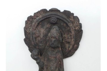 時代物　中国?日本?　古銅　 観音菩薩仏像と玉乗親子獅子の置物2点セット　(R-090686)