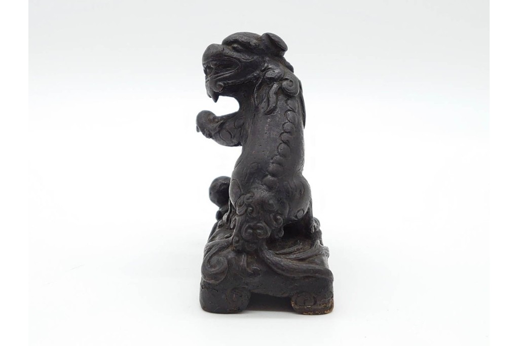 時代物　中国?日本?　古銅　 観音菩薩仏像と玉乗親子獅子の置物2点セット　(R-090686)