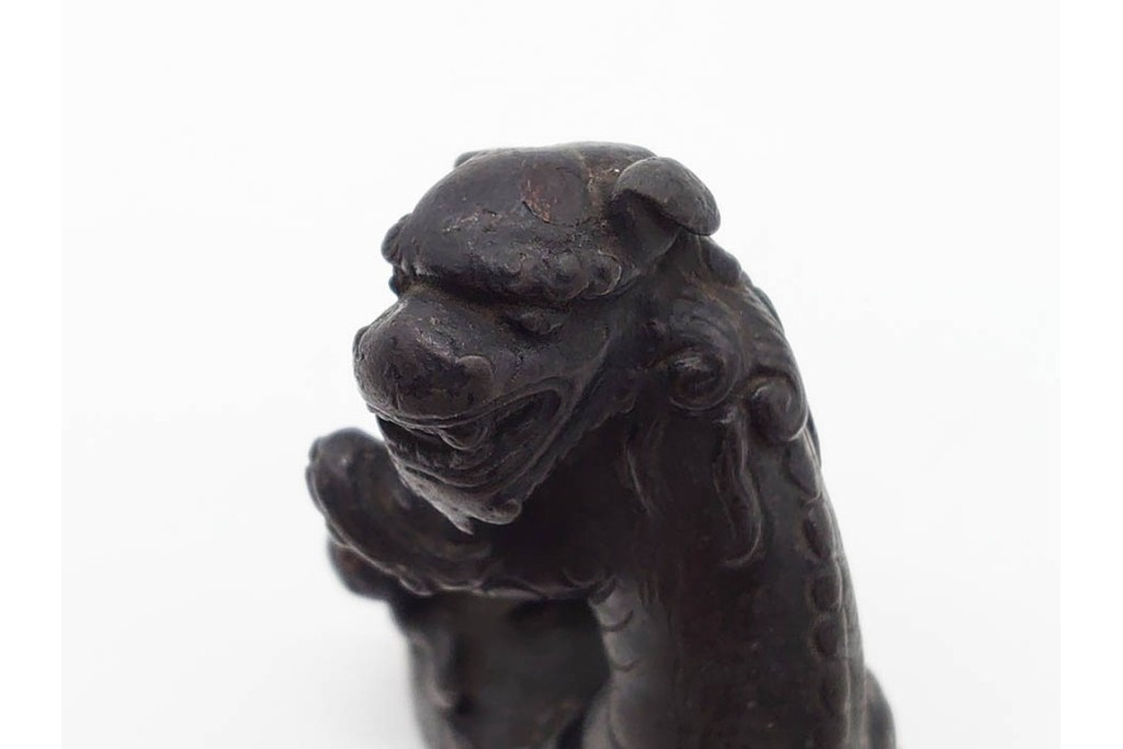 時代物　中国?日本?　古銅　 観音菩薩仏像と玉乗親子獅子の置物2点セット　(R-090686)