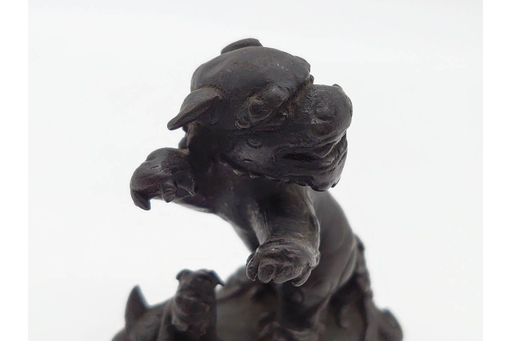 時代物　中国?日本?　古銅　 観音菩薩仏像と玉乗親子獅子の置物2点セット　(R-090686)