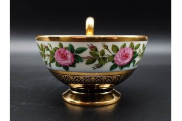 フランスアンティーク　Sevres(セーブル)　金彩　深いブルーとピンクの薔薇の対比が美しいカップ&ソーサー　ケース付き　(R-090695)