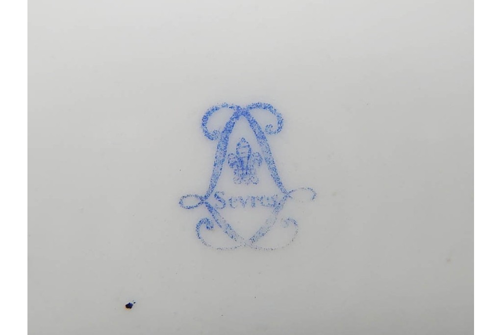 フランスアンティーク　Sevres(セーブル)　金彩　深いブルーとピンクの薔薇の対比が美しいカップ&ソーサー　ケース付き　(R-090695)
