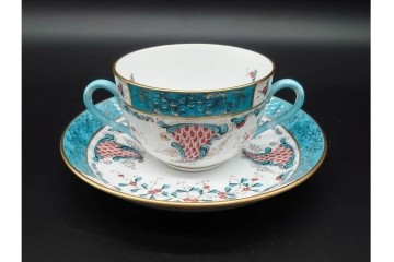 希少!　ハンガリー　HEREND(ヘレンド)　トゥッピーニの角笛　気品漂うダブルハンドルのカップ&ソーサー3客セット　(R-090696)