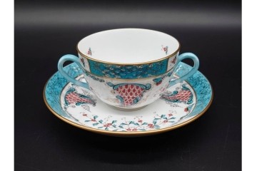 希少!　ハンガリー　HEREND(ヘレンド)　トゥッピーニの角笛　気品漂うダブルハンドルのカップ&ソーサー3客セット　(R-090696)