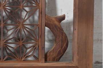 ヴィンテージ建具　昭和中期　最高級品　両脇に梅と松の彫刻を配した組子欄間2枚セット　(R-090722)