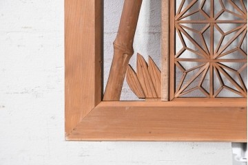 ヴィンテージ建具　昭和中期　最高級品　両脇に竹の彫刻を配した組子欄間3枚セット　(R-090723)