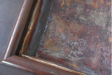 中古　美品　欅(ケヤキ)材　金具の意匠と重厚な木目が趣深い正方形火鉢　(R-090733)