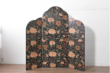 アジアンヴィンテージ　款彩(かんさい)・刻灰(こくかい)の技法が用いられた3連衝立　(R-090735)