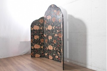 アジアンヴィンテージ　款彩(かんさい)・刻灰(こくかい)の技法が用いられた3連衝立　(R-090735)