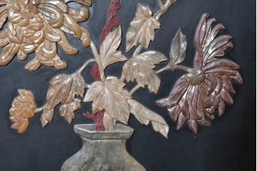 アジアンヴィンテージ　中国美術屏風　花瓶図・花鳥図　華やかな色彩と立体感が楽しめる玉石象嵌衝立　(R-090736)