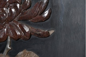 アジアンヴィンテージ　中国美術屏風　花瓶図・花鳥図　華やかな色彩と立体感が楽しめる玉石象嵌衝立　(R-090736)