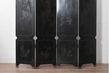 アジアンヴィンテージ　中国美術屏風　花瓶図・花鳥図　華やかな色彩と立体感が楽しめる玉石象嵌衝立　(R-090736)