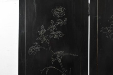 アジアンヴィンテージ　中国美術屏風　花瓶図・花鳥図　華やかな色彩と立体感が楽しめる玉石象嵌衝立　(R-090736)