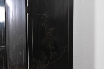 アジアンヴィンテージ　中国美術屏風　花瓶図・花鳥図　華やかな色彩と立体感が楽しめる玉石象嵌衝立　(R-090736)