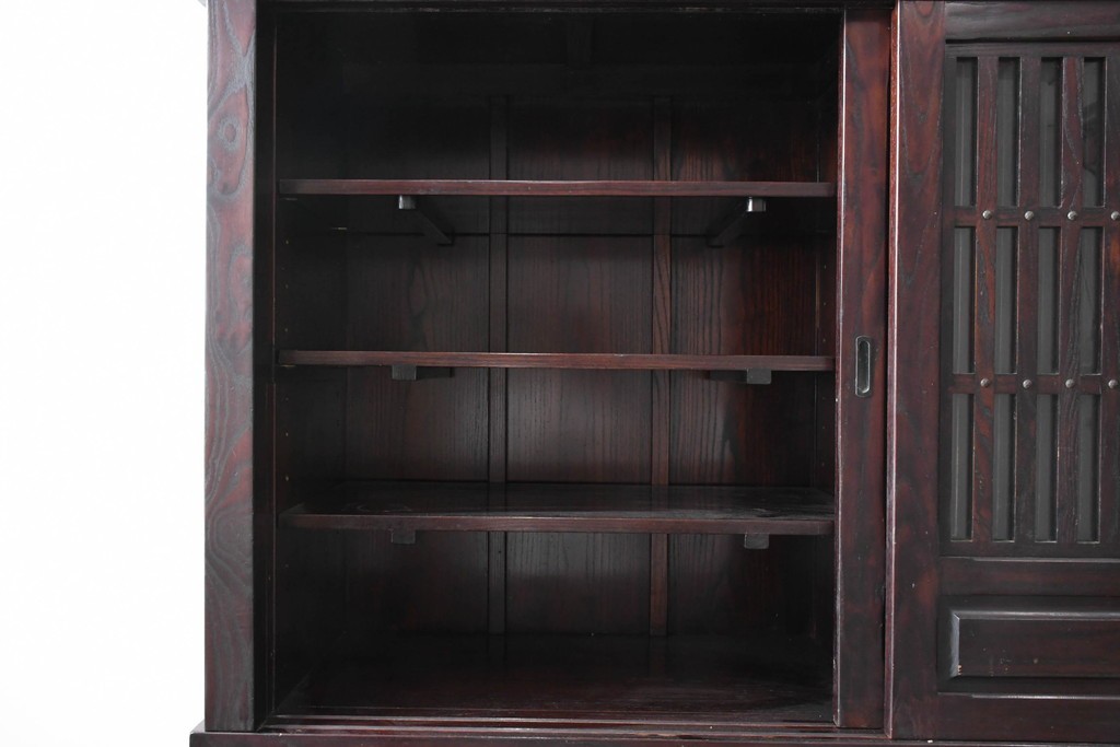 中古　国産職人手作り　栗材　縦格子戸が上品な重ね水屋箪笥　(R-090783)