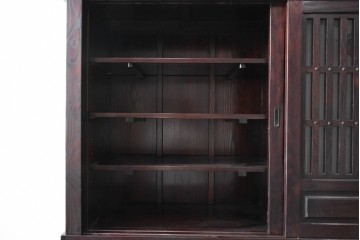 中古　国産職人手作り　栗材　縦格子戸が上品な重ね水屋箪笥　(R-090783)