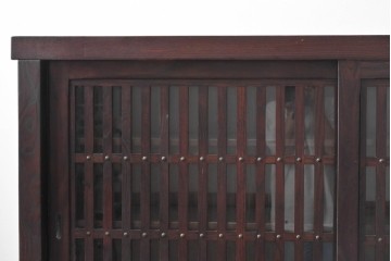 中古　国産職人手作り　栗材　水屋箪笥上段　縦格子戸が上品なサイドボード　(R-090784)