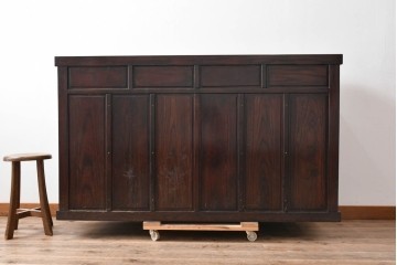 中古　国産職人手作り　栗材　水屋箪笥下段　4杯の引き出しと格子戸を備えた上品なサイドボード　(R-090785)