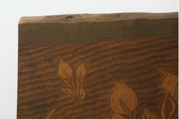 【簡易リペア限定品】　和製ヴィンテージ　日光彫り　水芭蕉の意匠が趣深い一枚板の飾り板　(R-090799)
