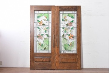 中古　特注品　職人手作り品　タモ材　色彩豊かな植物を描いたステンドグラス入り両開きドア1対(2枚)セット　※ステンド部分に割れあり　(R-090829)