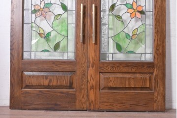 中古　特注品　職人手作り品　タモ材　色彩豊かな植物を描いたステンドグラス入り両開きドア1対(2枚)セット　※ステンド部分に割れあり　(R-090829)