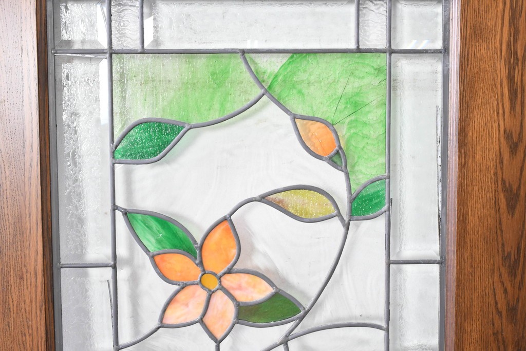 中古　特注品　職人手作り品　タモ材　色彩豊かな植物を描いたステンドグラス入り両開きドア1対(2枚)セット　※ステンド部分に割れあり　(R-090829)